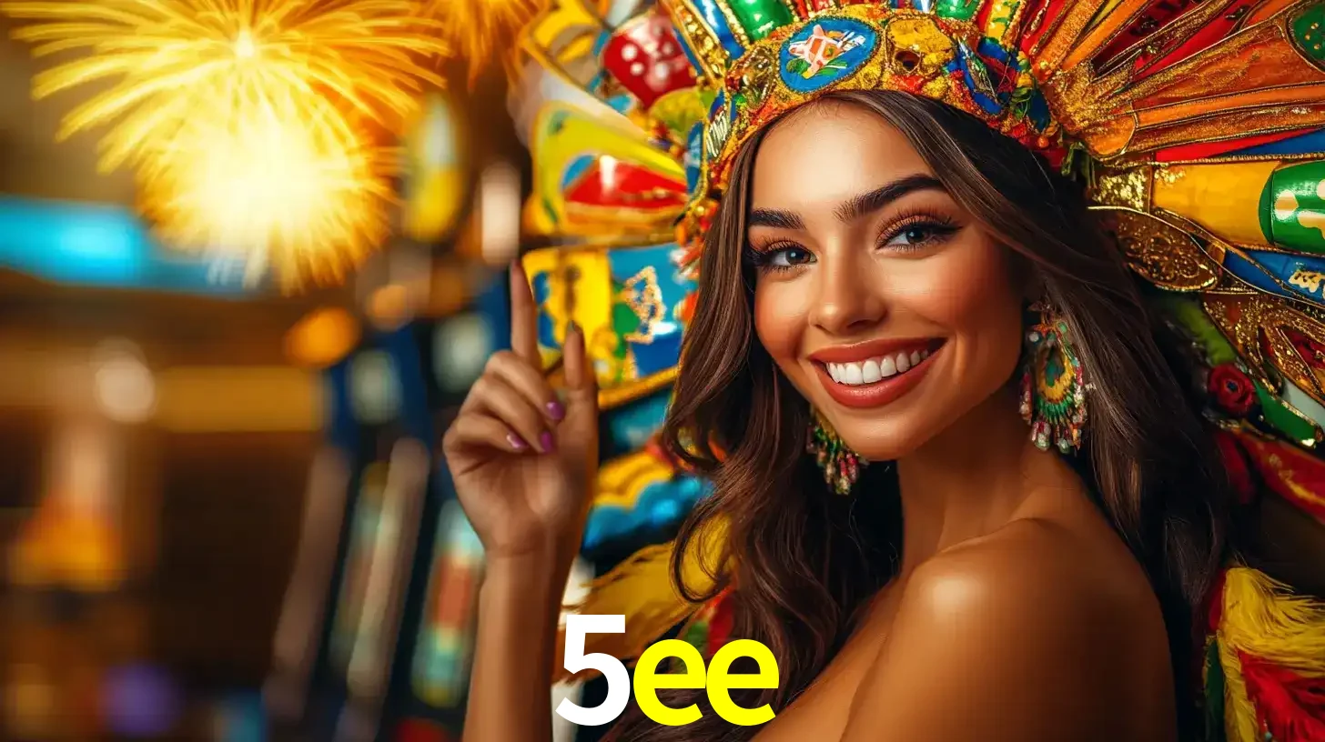 Mulher sorridente com um cocar de carnaval vibrante e colorido, celebrando uma grande vitória nos jogos do cassino 5ee com fogos de artifício ao fundo.