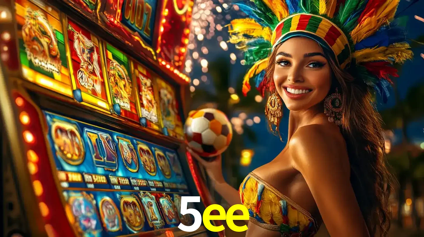 Mulher com um cocar de carnaval ao lado de uma máquina de caça-níqueis enquanto segura uma bola de futebol, mostrando a união da diversão de cassino e esportes no 5ee.