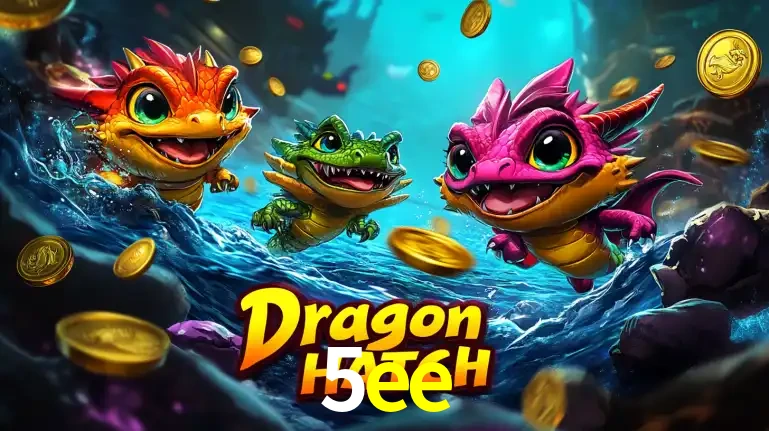 Arte promocional do jogo Dragon Hatch com três adoráveis dragões bebês nadando entre moedas de ouro, um dos slots mais divertidos para jogar no cassino 5ee.