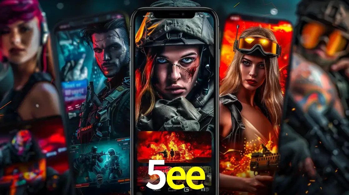 Montagem de telas de celular mostrando diversos personagens, masculinos e femininos, de um jogo de tiro, ilustrando a diversidade de equipes de e-sports para apostar no 5ee.