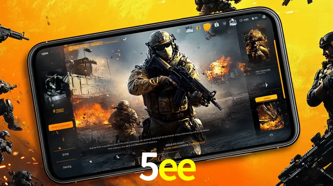 Um smartphone exibindo a interface de um jogo de tiro em primeira pessoa, com um soldado em um cenário de batalha, representando a ação dos e-sports para apostar no 5ee.