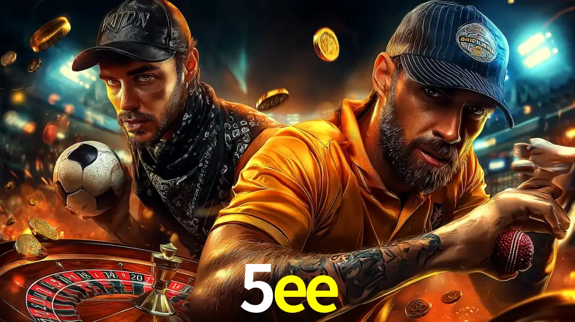 Montagem de apostas esportivas e cassino no 5ee, com um homem segurando uma bola de futebol e outro uma de beisebol sobre uma roleta e moedas voadoras.