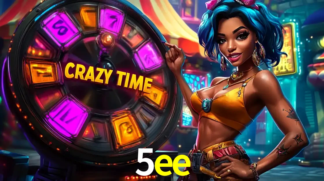 Mulher estilizada com cabelo azul e visual vibrante posando ao lado da roda de prêmios do game show Crazy Time, convidando para a diversão e os bônus do cassino 5ee.