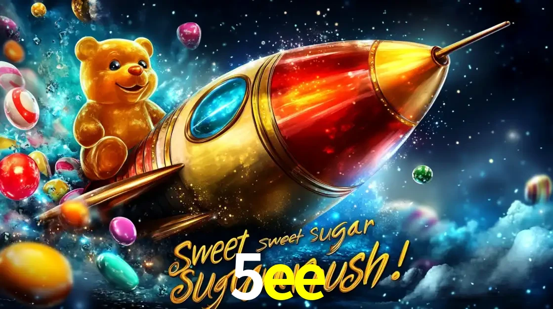 Arte promocional do jogo de slot Sugar Rush, com um urso de pelúcia em um foguete viajando pelo espaço de doces, um dos jogos divertidos disponíveis no cassino 5ee.