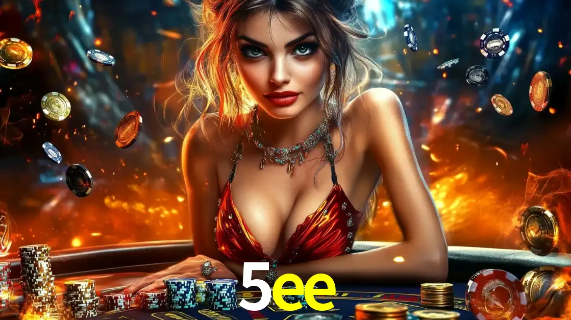 Mulher em uma mesa de cassino com pilhas de fichas e um fundo de fogo, pronta para uma rodada de altas apostas nos jogos de mesa emocionantes do cassino 5ee.